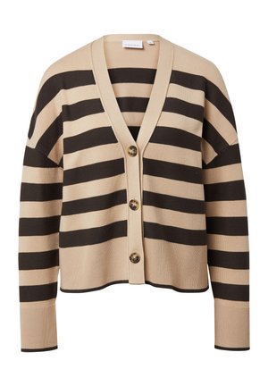 Beige-schwarz gestreifte Strickjacke mit V-Ausschnitt, vier Knöpfen, gerippten Bündchen und cropped Design. Weiches Strickmaterial.