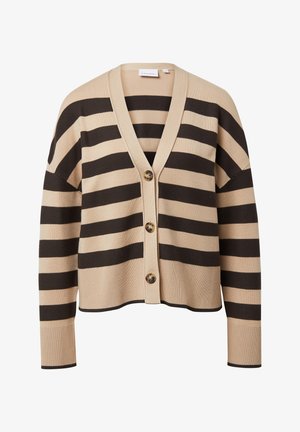 Beige-schwarz gestreifte Strickjacke mit V-Ausschnitt, vier Knöpfen, gerippten Bündchen und cropped Design. Weiches Strickmaterial.