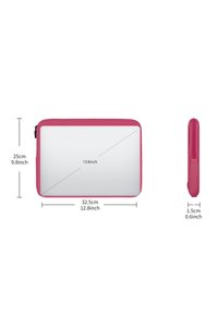 Fuchsia Laptop-Hülle, 32,5 cm x 25 cm x 1,5 cm. Glatte Oberfläche, Reißverschluss, gepolstertes Innenfutter mit strukturierter Oberfläche.