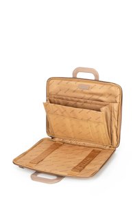 Beige Laptop-Tasche mit glatter Außenseite und weichem, gemustertem Innenfutter. Verfügt über mehrere Fächer und einen stabilen Griff zum Tragen.