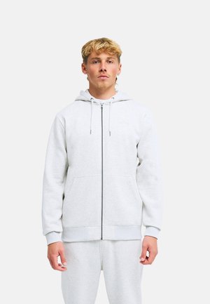 Giovane uomo con capelli biondi che indossa una felpa con cappuccio grigio chiaro con zip e pantaloni sportivi coordinati su uno sfondo bianco uniforme.
