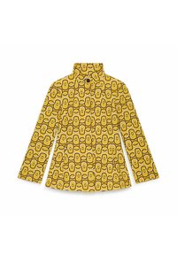 Veste de pluie jaune avec un motif géométrique d'ovales entrelacés, col montant et fermeture à boutons. Tissu texturé, manches longues.