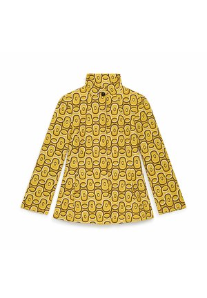 Yellow rain jacket featuring a geometric pattern of interlocking ovals, with a stand collar and button closure. Textured fabric, long sleeves.