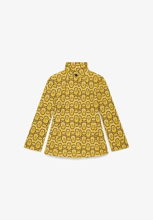 Giacca antipioggia gialla con motivo geometrico di ovali intrecciati, colletto alla coreana e chiusura con bottoni. Tessuto strutturato, maniche lunghe.