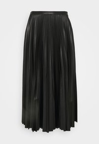 Jupe plissée noire en cuir synthétique, dotée d'une taille haute et d'un design fluide et texturé avec des lignes verticales marquées.