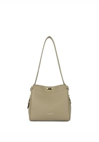 Beige leren handtas met een gestructureerd ontwerp, voorzien van een bovenhandvat, gouden hardware en zijaccent details. Logo geperst aan de voorkant.