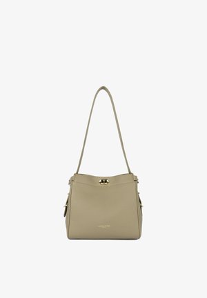 Beige leather handbag with a structured design, features a top handle, golden hardware, and side accent details. Logo embossed on front.