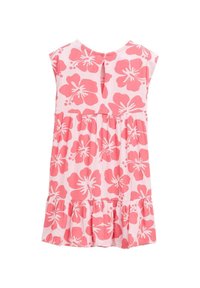 Kurzarmkleid in Pink mit weißem Hibiskus-Blumenmuster, rundem Ausschnitt und Rüsche am Saum. Knopfverschluss hinten.
