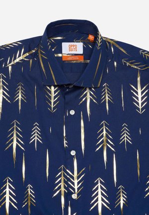 Navy shirt with gold arrow patterns, short sleeves, button-down collar, and white buttons. Tag indicates tailored fit by OppoSuits.