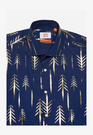 Chemise marine avec des motifs de flèche dorés, à manches courtes, col boutonné et boutons blancs. L'étiquette indique une coupe ajustée par OppoSuits.