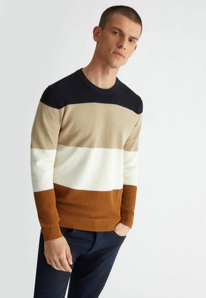Maglione in cotone a girocollo con righe orizzontali in blu navy, beige, crema e marrone. Maglia con texture e polsini e orlo a coste.
