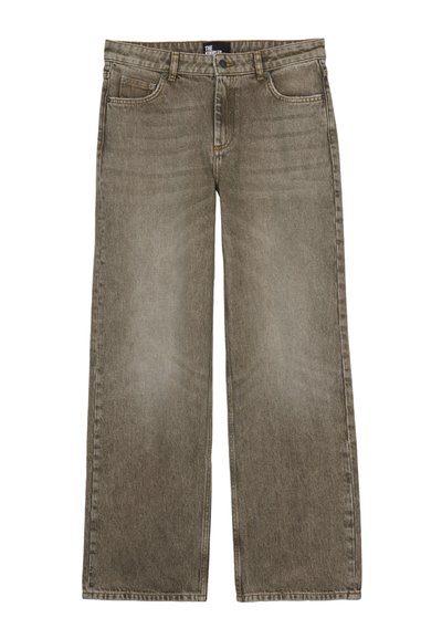 Jeans a gamba larga in un colore oliva sbiadito, realizzati in denim, con cinque tasche, chiusura con zip e dettagli di cucitura discreti.