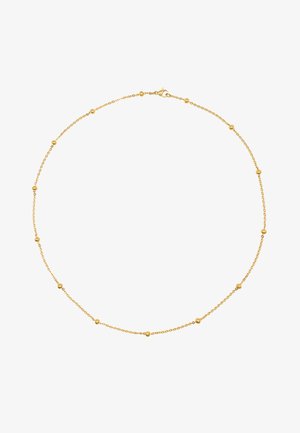 Złota naszyjnik o delikatnym łańcuszku, z okrągłymi koralikami równomiernie rozmieszczonymi wzdłuż długości. Zabezpieczony zapięciem w kształcie pazura.