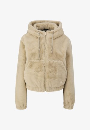 Beige zip-up hoodie made of soft, fluffy fabric. Features a hood, two front pockets, elastic cuffs, and a cropped design.