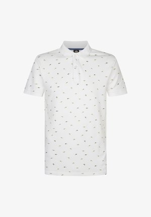 Biała koszulka polo z teksturowanej bawełny, z drobnym wzorem małych zielonych i czarnych motywów. Zawiera kołnierzyk i trzy guziki.