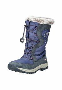 Stivale da neve isolato con una parte superiore blu navy, accenti in suede grigio, colletto in pelliccia sintetica bianca, allacciatura frontale e suola in gomma texturizzata.