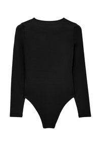 Body nero a maniche lunghe con scollatura rotonda, tessuto morbido e fondo stile perizoma, progettato per una silhouette aderente.