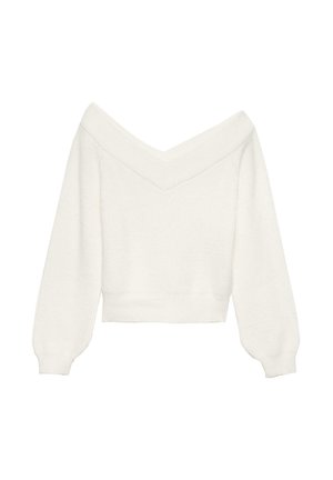 Witte off-the-shoulder gebreide trui met lange, gepl puffen mouwen en een korte lengte. Beschikt over een zachte textuur en een V-vormige halslijn.