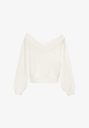 Pull en tricot blanc à épaules dénudées avec de longues manches bouffantes et une coupe cropped. Présente une texture douce et un col en V.