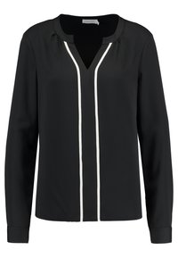 Svart långärmad blus med V-ringning, vita accentlinjer fram och samlade detaljer vid axlarna. Slät tygkvalitet.