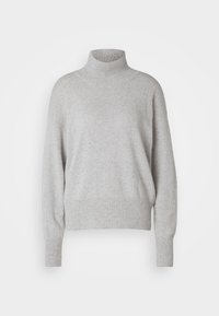 Jasnoszary sweter z dzianiny z golfem, długimi rękawami, luźnym krojem, ściągaczami na mankietach i dole oraz miękką fakturą. Bez wzorów i zdobień.