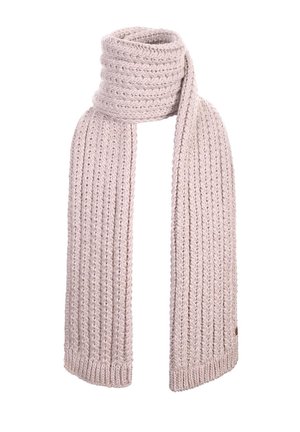 Light pink chunky knit scarf with ribbed texture, folded to form a loop at the top, hanging straight on a white background.