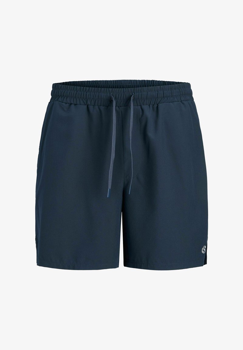 Short de sport bleu marine avec taille élastique et cordon, avec un petit logo sur la partie inférieure de la jambe gauche.
