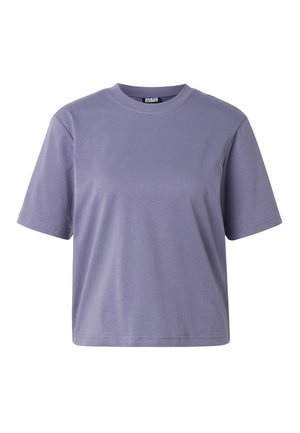 Kurzes Baumwoll-T-Shirt in Lavendel mit Rundhalsausschnitt, kurzen Ärmeln, weitem Schnitt und genähten Säumen.