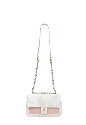 Sac bandoulière blanc et rose avec motif de carte, bandoulière en chaîne dorée et fermeture à boucle dorée.