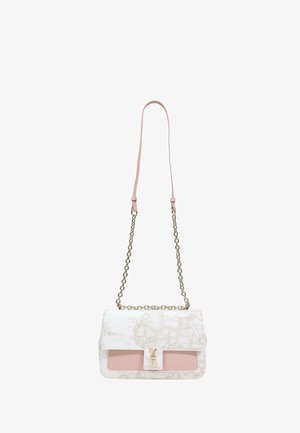 Hvid og lyserød skuldertaske med kortprint, guldkæde og guldlås.