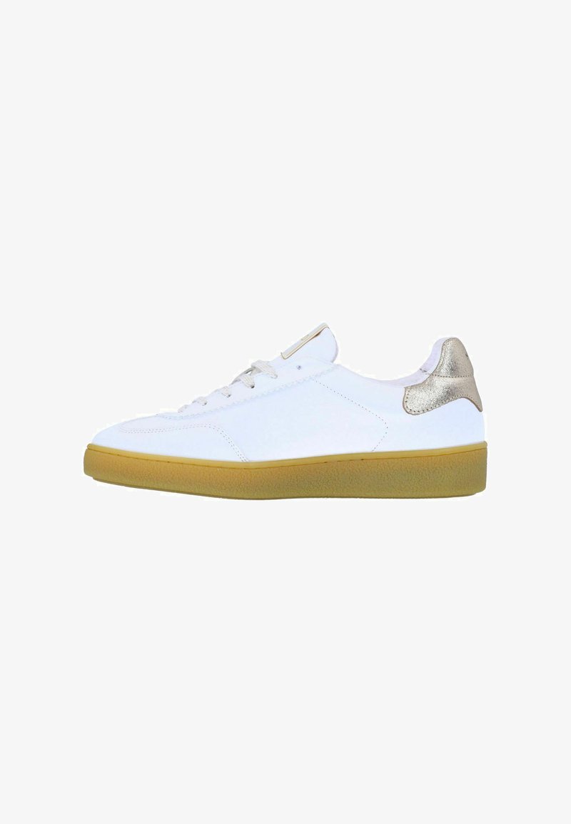 White leather sneaker with a textured tan rubber sole, featuring a metallic gold accent at the heel and light gray laces.