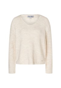 Cremefarbenes, langärmeliges Strickpullover mit V-Ausschnitt und geripptem Muster, etikettiert "MORE & MORE", Größe 36.