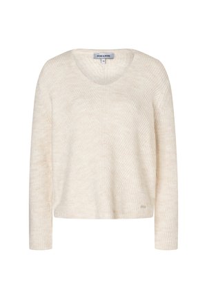 Cremefarbenes, langärmeliges Strickpullover mit V-Ausschnitt und geripptem Muster, etikettiert "MORE & MORE", Größe 36.
