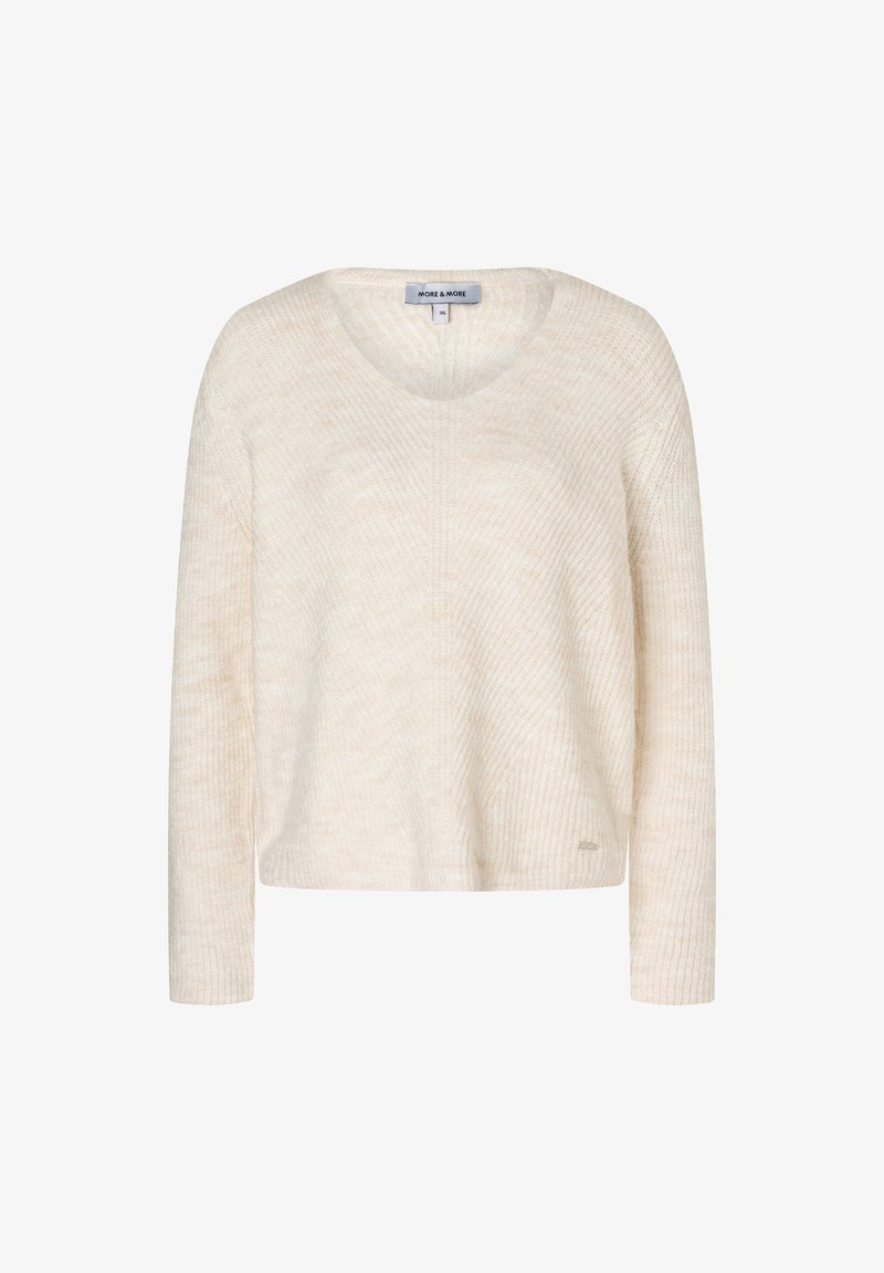 Cremefarbenes, langärmeliges Strickpullover mit V-Ausschnitt und geripptem Muster, etikettiert "MORE & MORE", Größe 36.