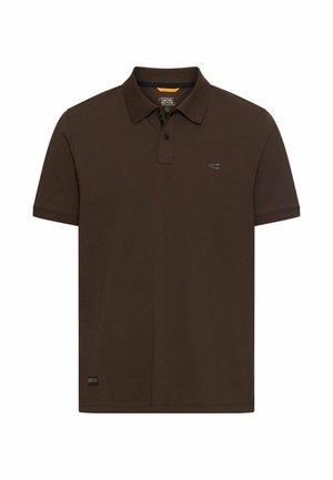 Bruin poloshirt met korte mouwen, kraag, twee knopen aan de sluiting, klein logo op de borst en een label bij de onderzoom.