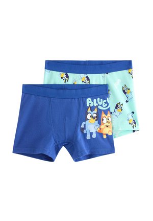 Due paia di boxer per bambini, uno blu con personaggi di cani dei cartoni animati e testo "Bluey", l'altro azzurro chiaro con un motivo a tutto campo di cani dei cartoni animati.