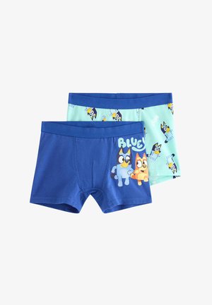 Dva páry dětských boxerek, jeden modrý s postavičkami kreslených pejsků a nápisem „Bluey“, druhý světle modrý s celoplošným vzorem kreslených pejsků.