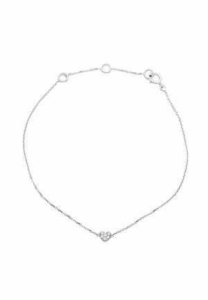 Hõbedane ketti käevõru, millel on südamekujuline ripats tekstureeritud pinnaga, rõhutatud väikeste säravate detailidega, turvaline lukustus.