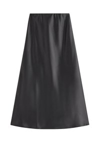 Schwarze, knielange Skirt aus einem glatten, glänzenden Stoff mit einem leicht gerafften Bund und einer voluminösen A-Linien-Silhouette.