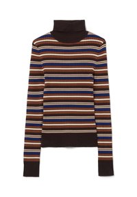 Brauner gerippter Rollkragenpullover mit horizontalen Streifen in Rost, Creme, Blau und Dunkelbraun. Enganliegendes Design mit langen Ärmeln.