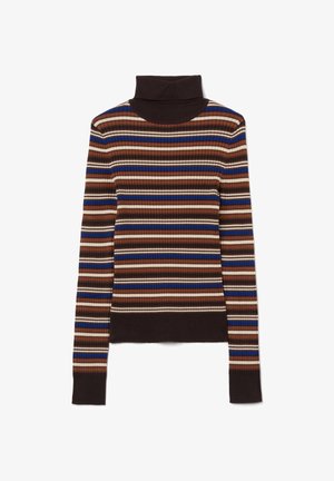 Bruine geribbelde coltrui met horizontale strepen in roest, crème, blauw en donkerbruin. Aansluitend ontwerp met lange mouwen.