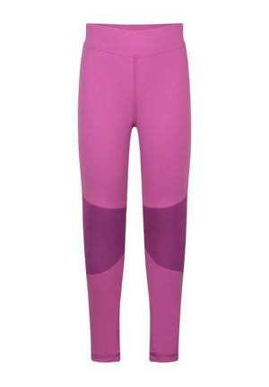 Pink full-length leggings with darker purple panels on the knees, designed for athletic or casual wear.