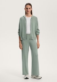 Světle zelená pletená mikina na zip s volným střihem, spárovaná s odpovídajícími kalhotami s širokými nohavicemi. Hladká textura, žebrované detaily na rukávech a kalhotách.