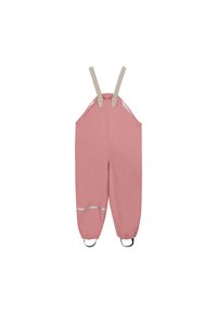 Vattentäta rosa overaller med justerbara beige axelremmar, elastiska muddar och reflektionsdetaljer vid botten för synlighet.