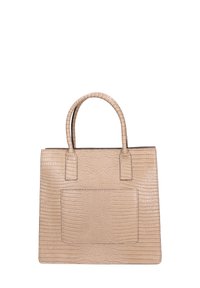 Borsa a mano in pelle di coccodrillo beige con due manici corti, forma rettangolare e tasca frontale. Texture liscia con dettagli di cucitura.