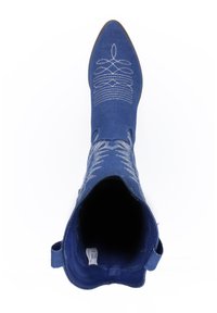 Botte de cowboy bleue avec un bout pointu, tige en tissu, motifs brodés blancs et un tirant sur le côté. L'intérieur est noir.