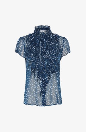 Blaue Bluse mit Polka-Dots, hohem rüschigem Kragen, kurzen Ärmeln und einem durchsichtigen Stoff. Features einen sich entlang der Vorderseite erstreckenden Rüschendetail.