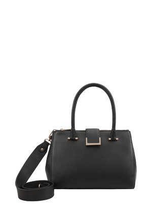 Sac à main en cuir noir avec deux poignées supérieures et une bandoulière amovible. Il présente une forme rectangulaire et des accents en métal doré.
