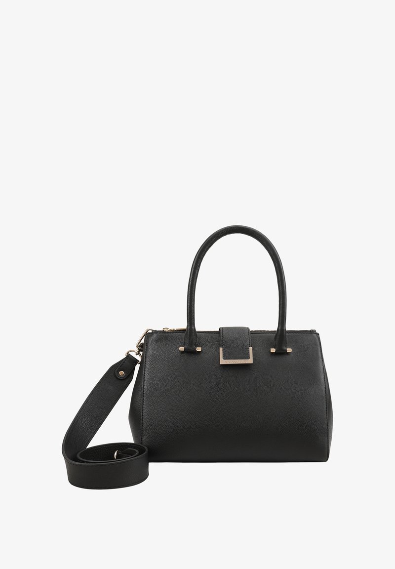 Zwarte leren handtas met twee handvatten aan de bovenkant en een afneembare schouderriem. Kenmerkt zich door een rechthoekige vorm en accenten in goudkleurige hardware.