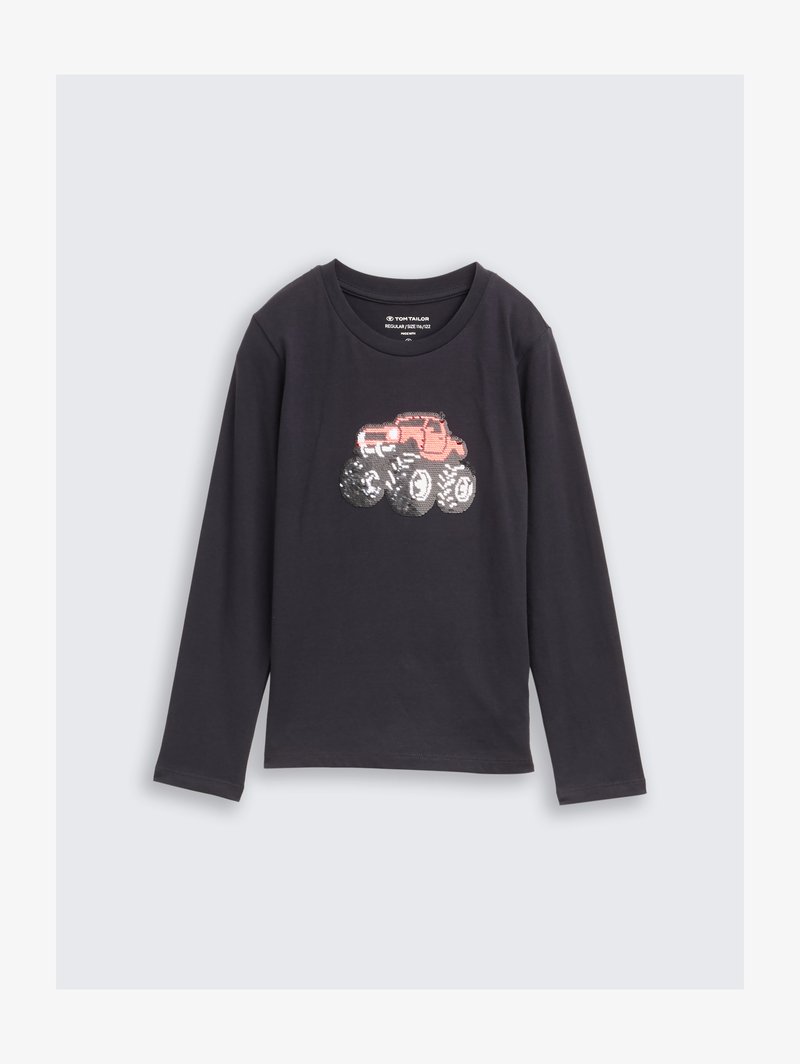 Langarmshirt aus dunkelgrauer Baumwolle mit einem aufgestickten, roten Monstertruck-Design auf der Vorderseite. Einfacher Rundhalsausschnitt und schmal geschnittene Ärmel.